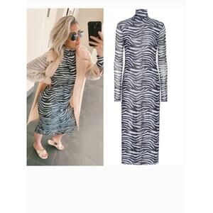 Staud Brae Zebra Print Stretch Mesh Midi Dress Long Sleeve Sz XS